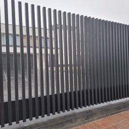 KARBON KAMIL MATANOWSKI - Nowoczesne, grafitowe ogrodzenie panelowe z pionowych profili, na tle jasnego budynku. Minimalistyczny design, widoczne detale wykończenia i fragment chodnika z kostki.