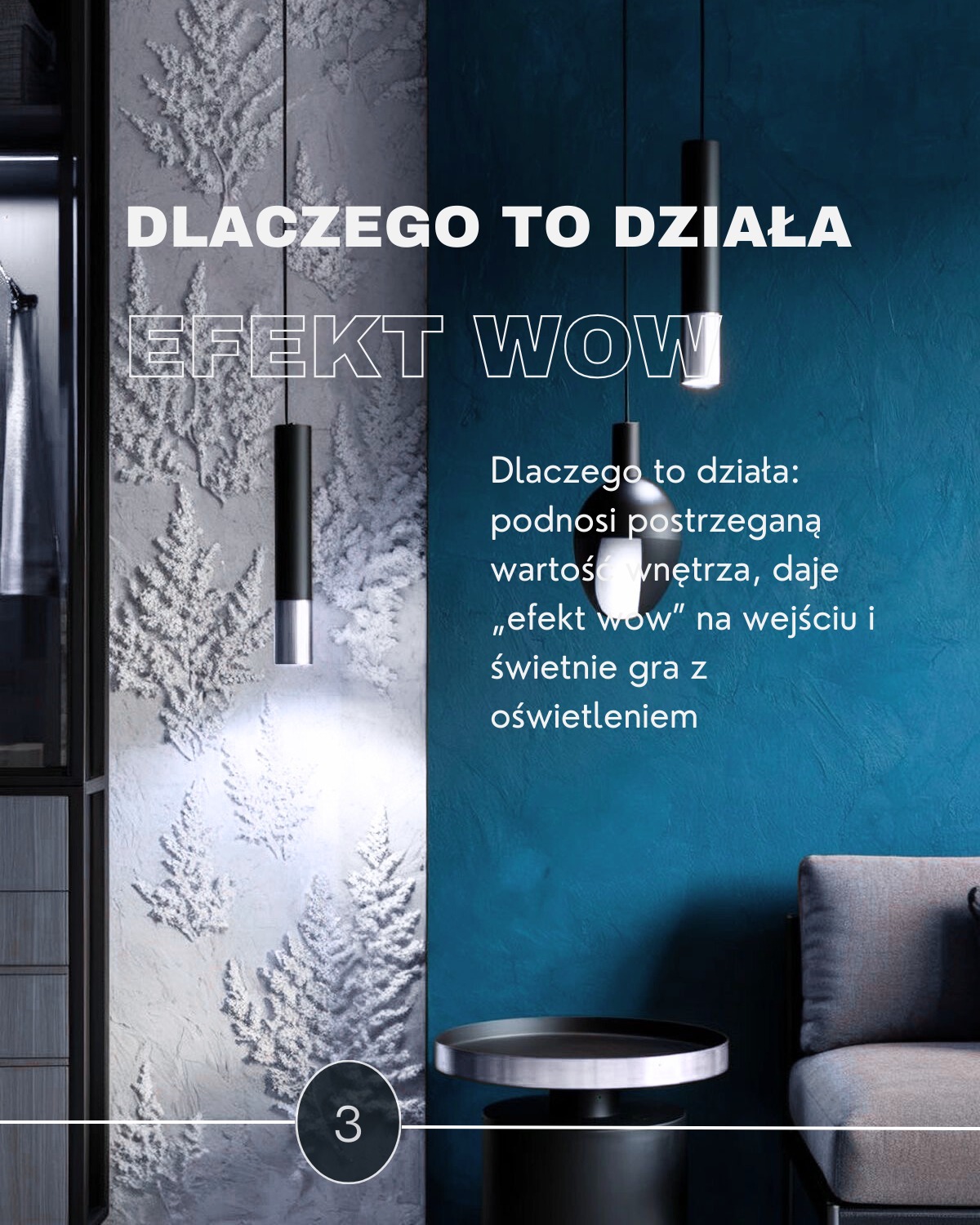 Stylowe wnętrze z fakturą ściany w motywie drzew iglastych, oświetlone wiszącymi lampami. Akcent na połączenie tekstury i światła, tworzące efektowną przestrzeń.