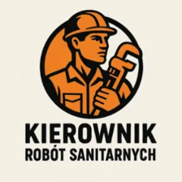 Grafika: Stylizowany kierownik robót sanitarnych w kasku, trzymający klucz francuski, umieszczony w okręgu, z napisem 'KIEROWNIK ROBÓT SANITARNYCH'.