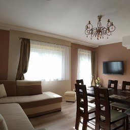 Tomasz Stec - Jasny salon z brązowymi ścianami, narożną sofą i stołem jadalnym. Dekoracyjny żyrandol, zasłony w oknach i kominek dodają przytulnego charakteru wnętrzu.