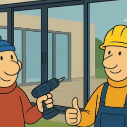 Ilustracja przedstawiająca montaż okien przesuwnych przez dwóch sympatycznych bohaterów kreskówki z wiertarką.