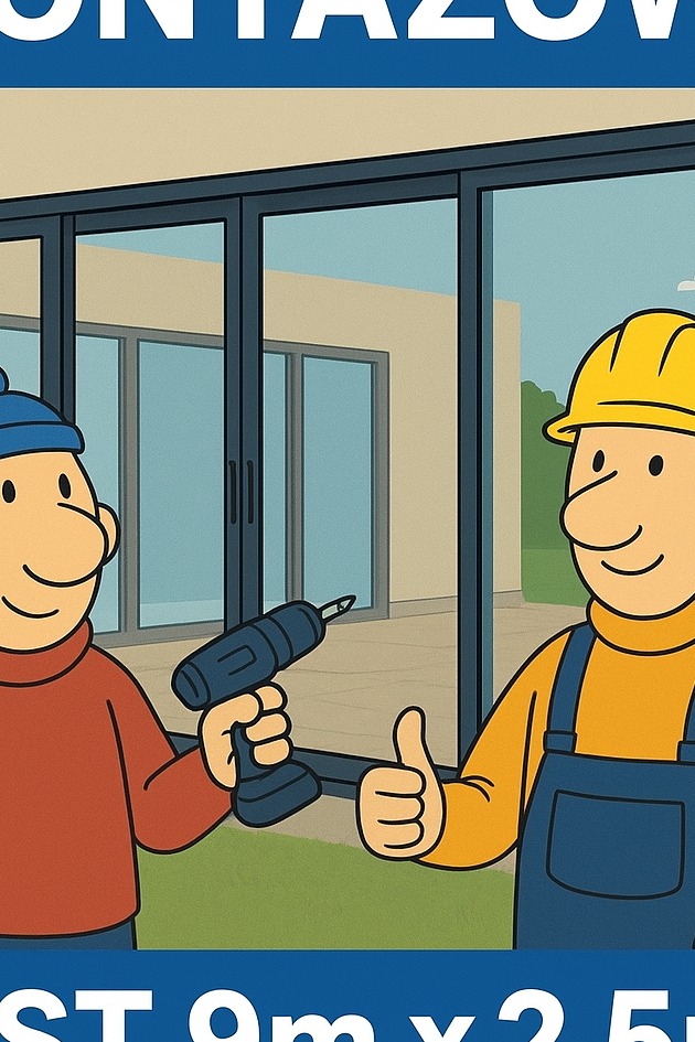 Ilustracja przedstawiająca montaż okien przesuwnych przez dwóch sympatycznych bohaterów kreskówki z wiertarką.