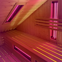 Timberhaus - Wnętrze sauny z drewnianym wykończeniem, ławkami i oświetleniem w odcieniach różu. Widoczne panele grzewcze i drewniana konstrukcja ścian i sufitu.