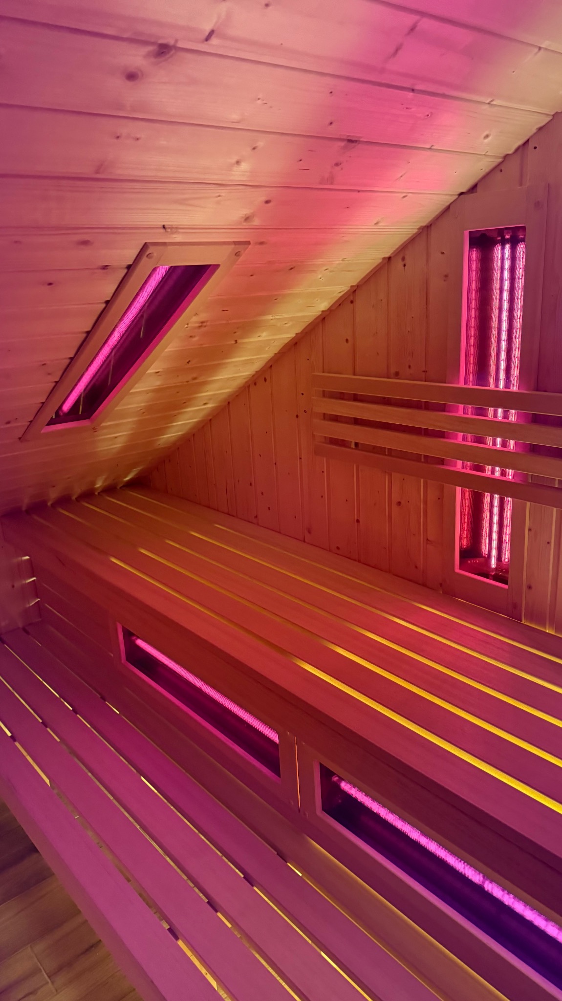 Wnętrze sauny z drewnianym wykończeniem, ławkami i oświetleniem w odcieniach różu. Widoczne panele grzewcze i drewniana konstrukcja ścian i sufitu.