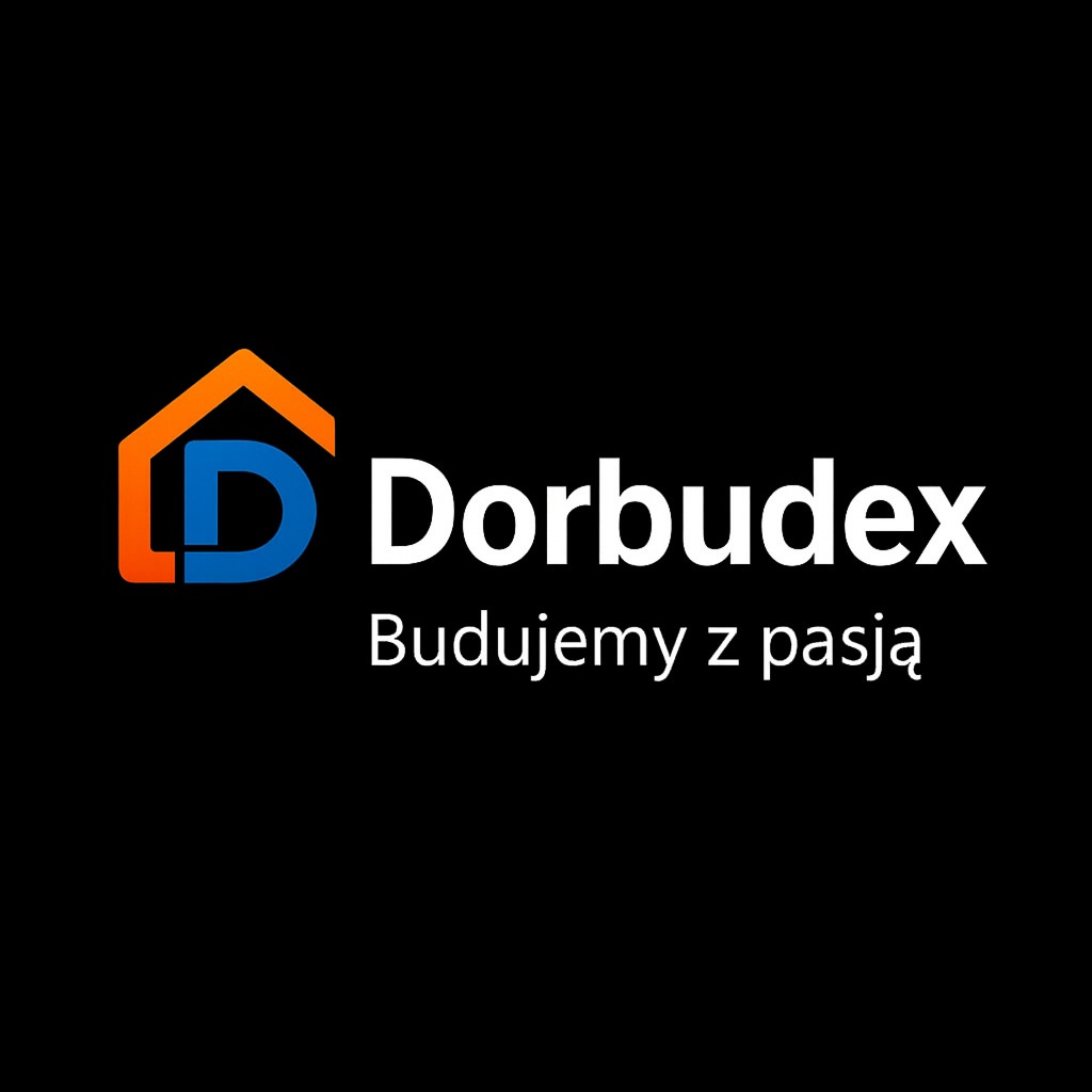 Logo firmy Dorbudex z pomarańczowo-niebieskim symbolem domu i hasłem 'Budujemy z pasją' na czarnym tle.