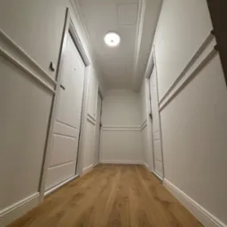 Korytarz z panelami podłogowymi i białymi ścianami z dekoracyjnymi listwami. Widoczne drzwi wejściowe w białej ramie i oświetlenie sufitowe.