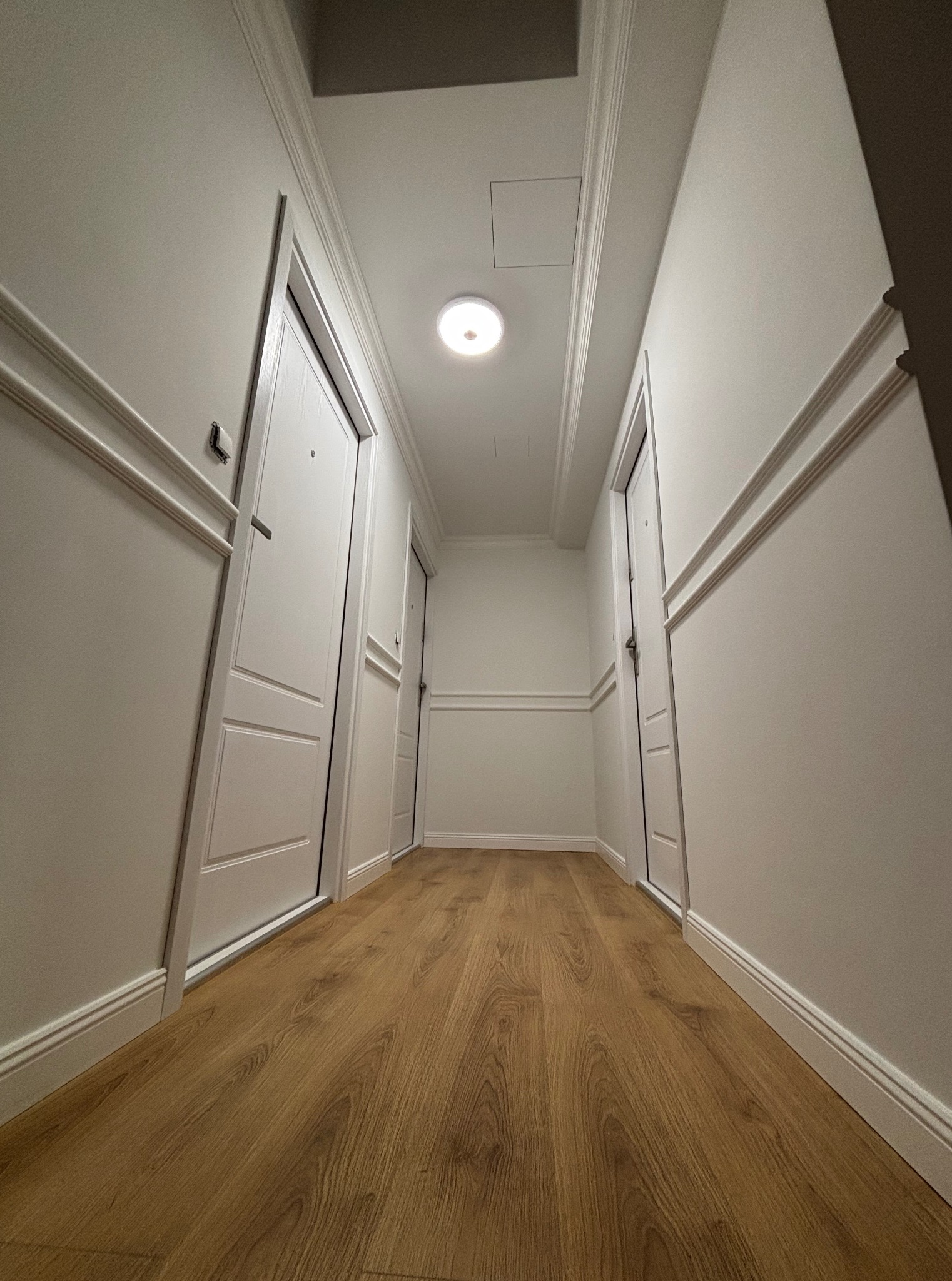 Korytarz z panelami podłogowymi i białymi ścianami z dekoracyjnymi listwami. Widoczne drzwi wejściowe w białej ramie i oświetlenie sufitowe.