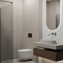 Minimalistyczna łazienka z kabiną prysznicową, podwieszaną toaletą i umywalką na blacie z oświetleniem LED. Neutralna kolorystyka, pionowe panele ścienne.