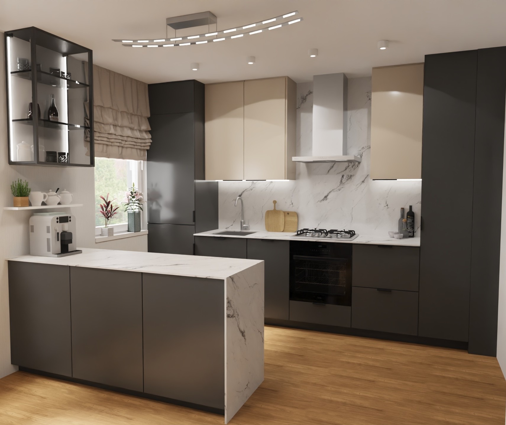 Nowoczesna kuchnia z wyspą, fronty w odcieniach szarości i beżu, marmurowy blat i backsplash. Oświetlenie LED podkreśla minimalistyczny design. Widoczne akcesoria kuchenne.