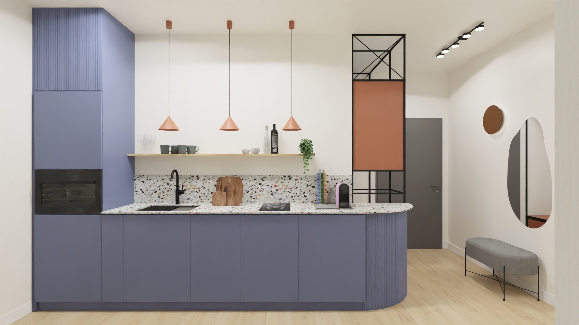Stylowa kuchnia w odcieniach fioletu z blatem lastryko i miedzianymi lampami. Nowoczesne detale, takie jak okrągła wyspa i designerskie lustro, dodają unikalnego charakteru.