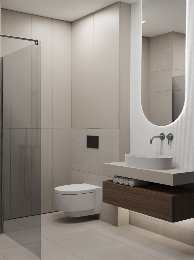 Minimalistyczna łazienka z kabiną prysznicową, podwieszaną toaletą i umywalką na blacie z oświetleniem LED. Neutralna kolorystyka, pionowe panele ścienne.