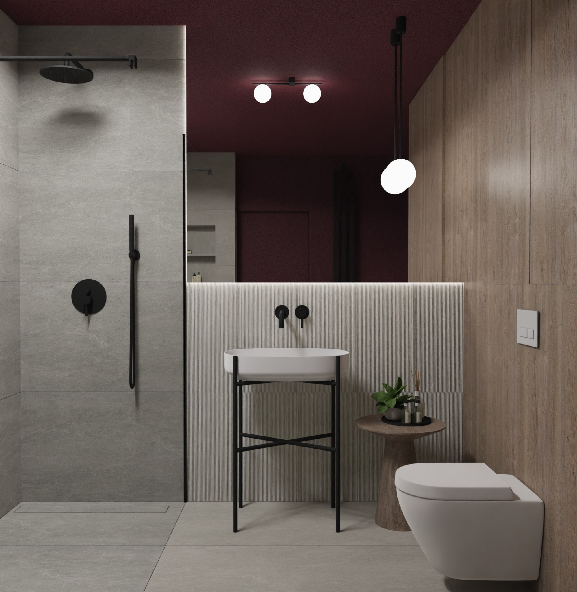 Nowoczesna łazienka z kabiną prysznicową typu walk-in, umywalką na metalowym stelażu i wiszącą toaletą. Całość utrzymana w szarościach z akcentami drewna i burgundu.