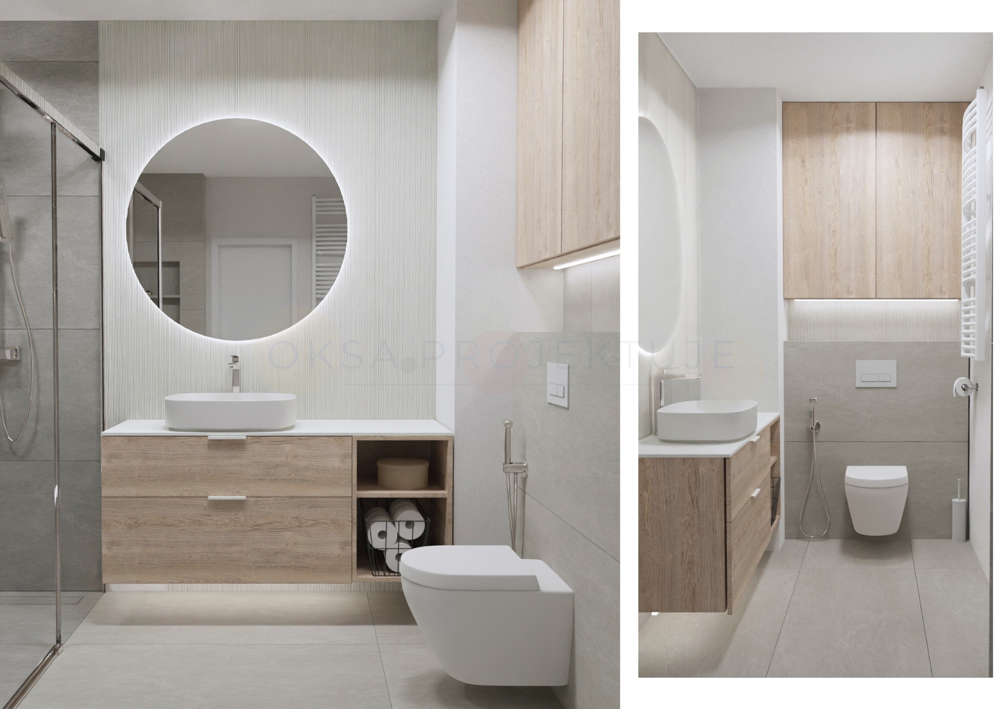 Nowoczesna łazienka z okrągłym lustrem z podświetleniem LED, drewnianą szafką pod umywalką i wiszącą toaletą. Stonowana kolorystyka i minimalistyczny design.