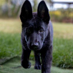 bxrt.studio - Portret szczeniaka owczarka niemieckiego o czarnym umaszczeniu, stojącego na sztucznej trawie z rozmytym tłem zieleni.