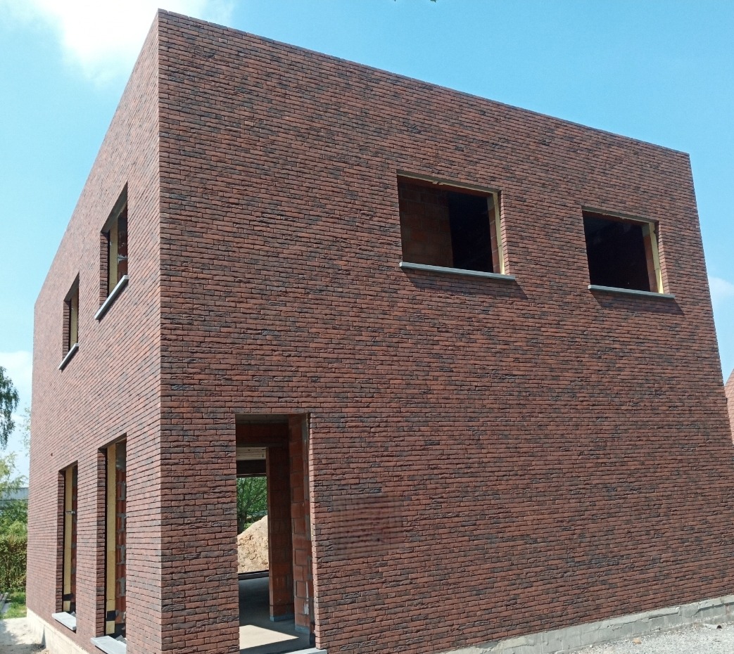 Nowoczesny dom z ceglaną elewacją w odcieniach czerwieni i brązu, z widocznymi otworami okiennymi i wejściowymi. Minimalistyczny design, jasne niebo w tle.