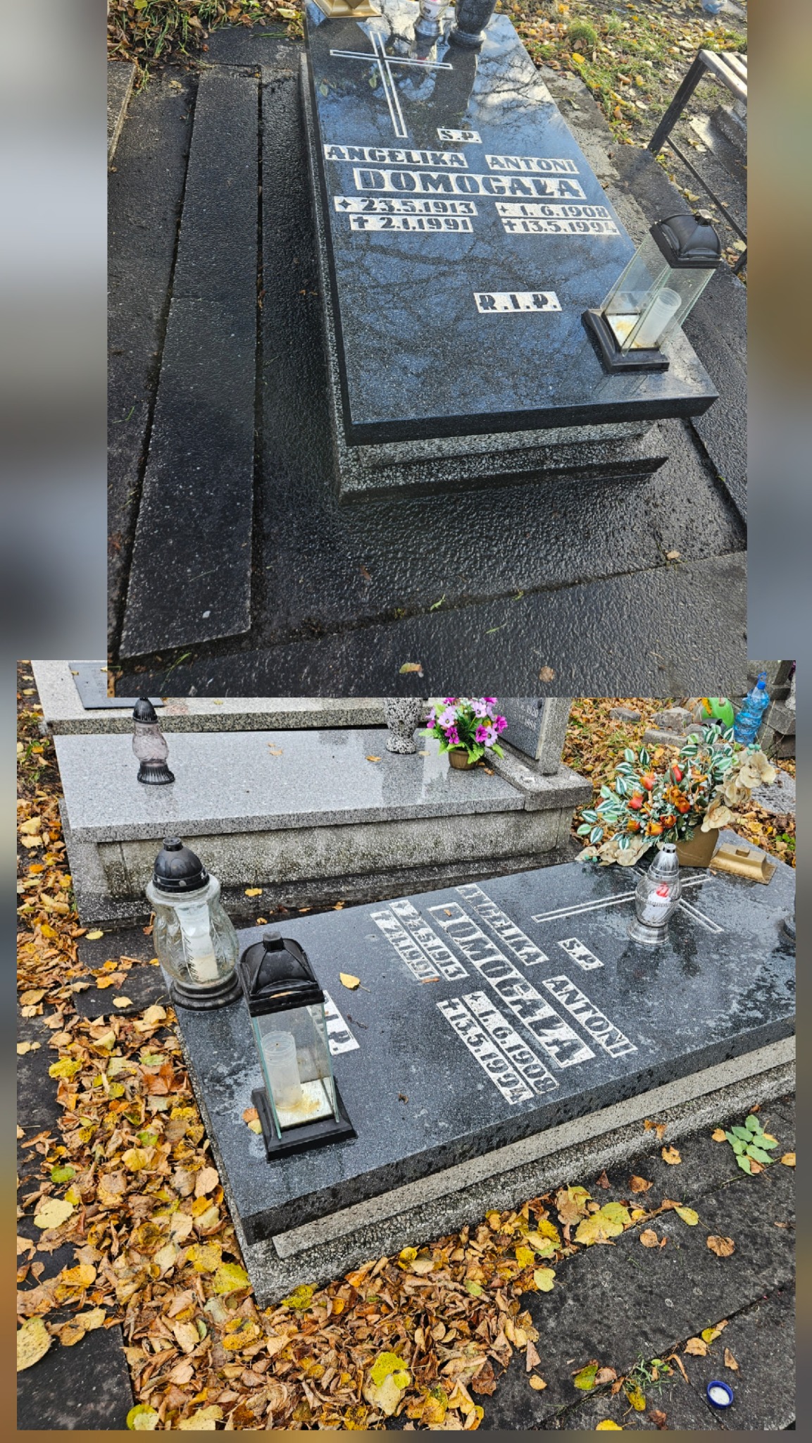 Porównanie nagrobków przed i po czyszczeniu: z lewej zaniedbany, z liśćmi, z prawej czysty, z lampionami i kwiatami. Kontrastowe ujęcie.