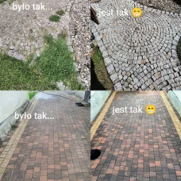 Porównanie 'przed i po': odświeżona kostka brukowa i granitowa. Usunięte zabrudzenia i chwasty, przywrócony estetyczny wygląd nawierzchni.
