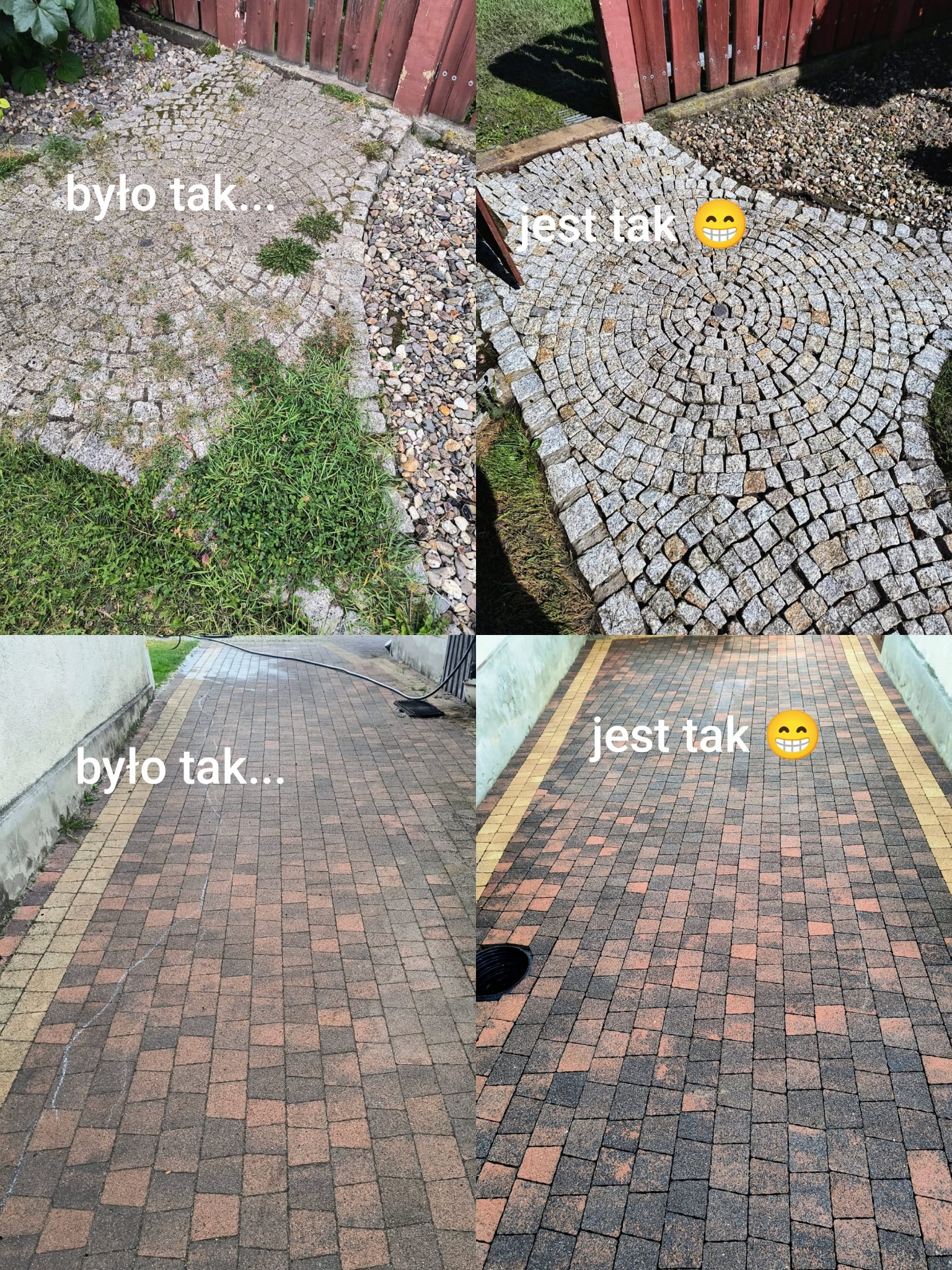 Porównanie 'przed i po': odświeżona kostka brukowa i granitowa. Usunięte zabrudzenia i chwasty, przywrócony estetyczny wygląd nawierzchni.