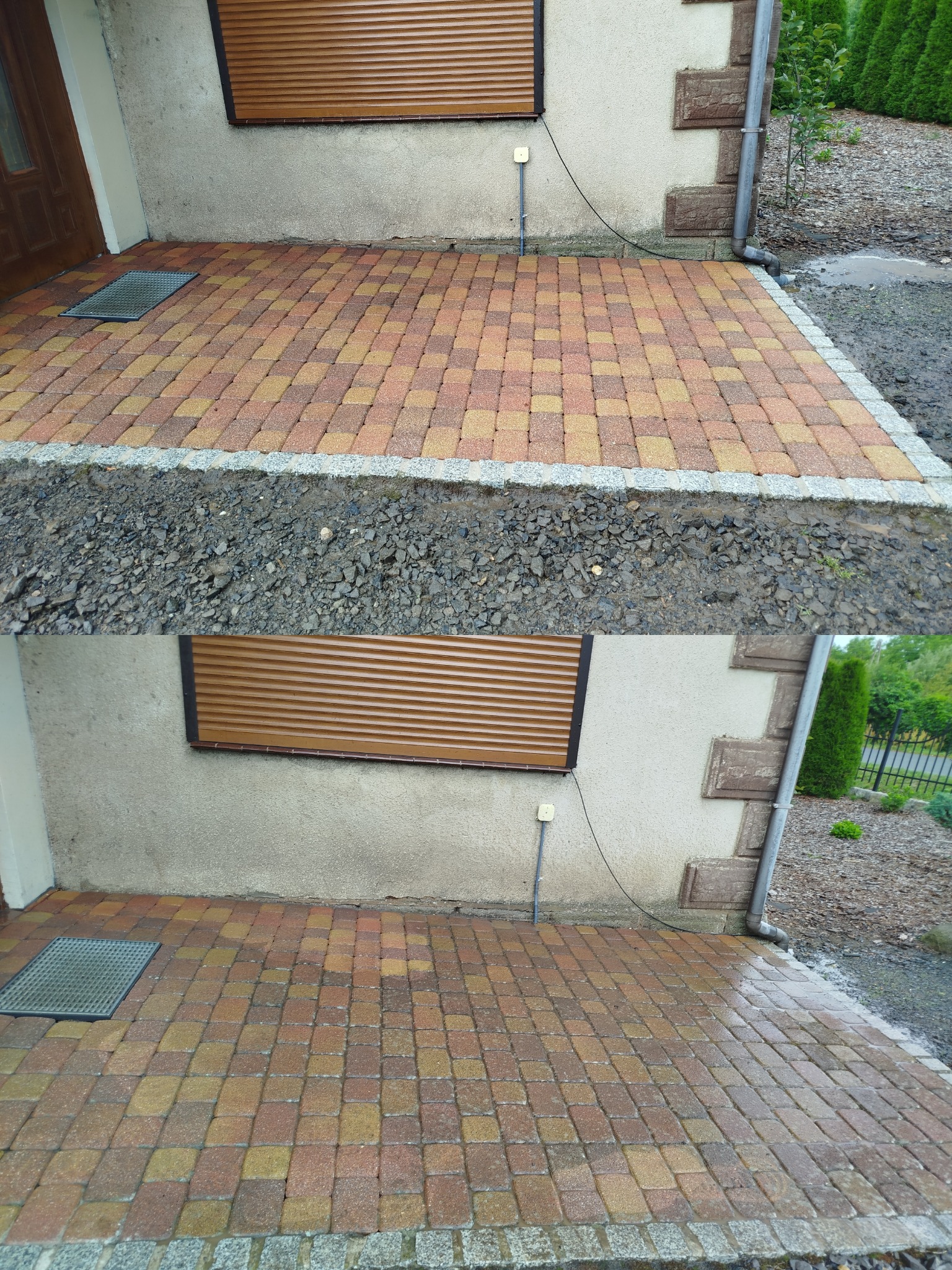 Ułożona kostka brukowa w odcieniach czerwieni i żółci, obrzeża z szarej kostki. Widoczny fragment elewacji z brązową roletą i rynną. Częściowo widoczna powierzchnia przed domem.