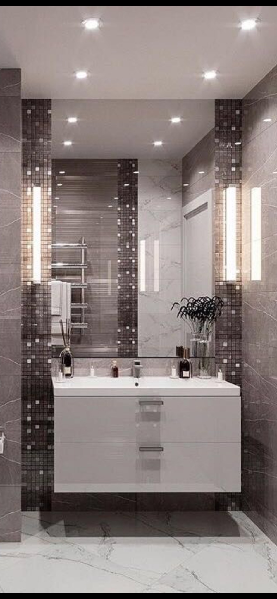 Nowoczesna łazienka z podwójną umywalką, lustrem z oświetleniem LED i mozaiką w odcieniach szarości. Minimalistyczny design, eleganckie wykończenie.