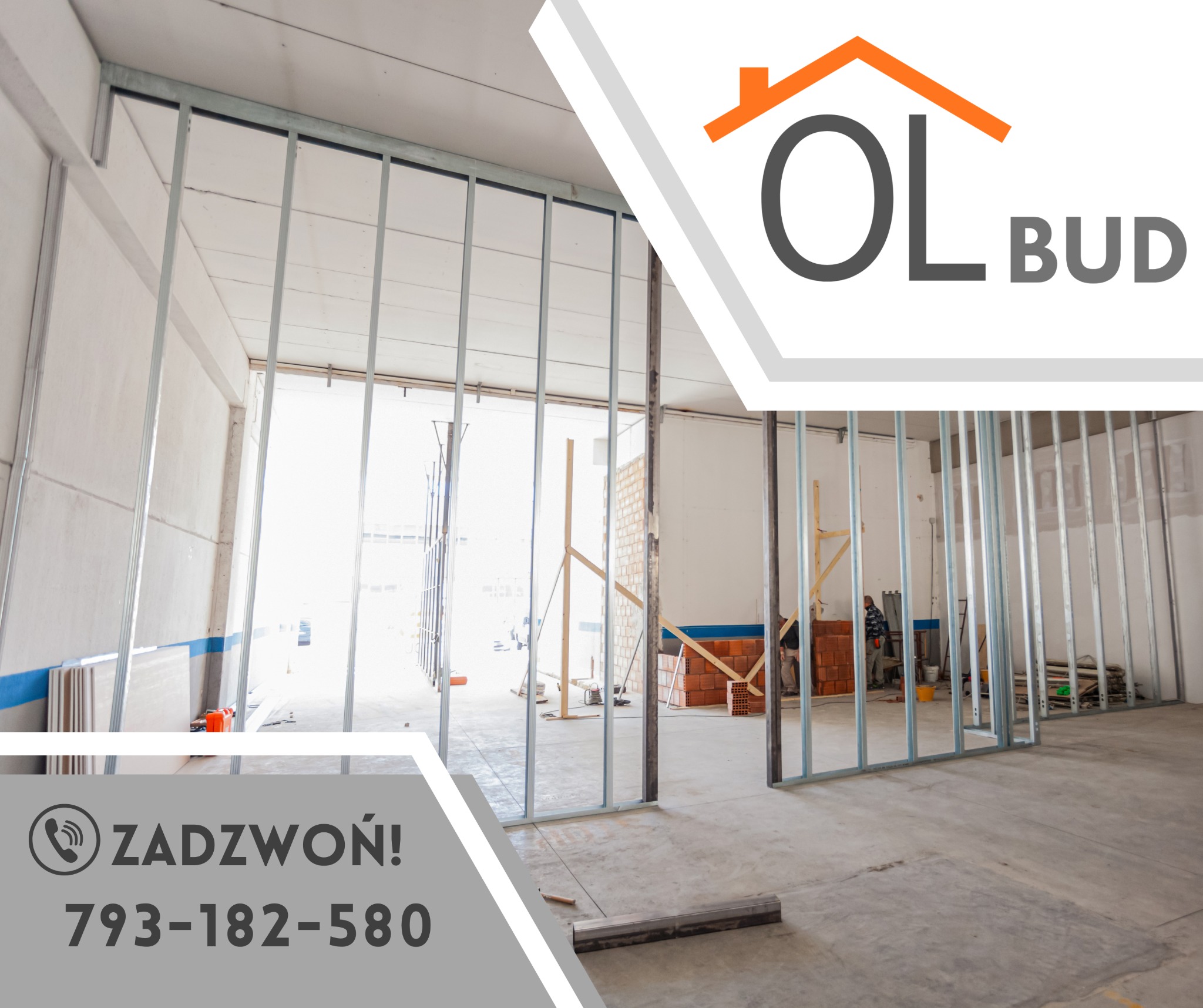 Montaż metalowego szkieletu ścian działowych z płyt gipsowo-kartonowych w dużym, jasnym pomieszczeniu. W tle widoczni pracownicy budowlani.