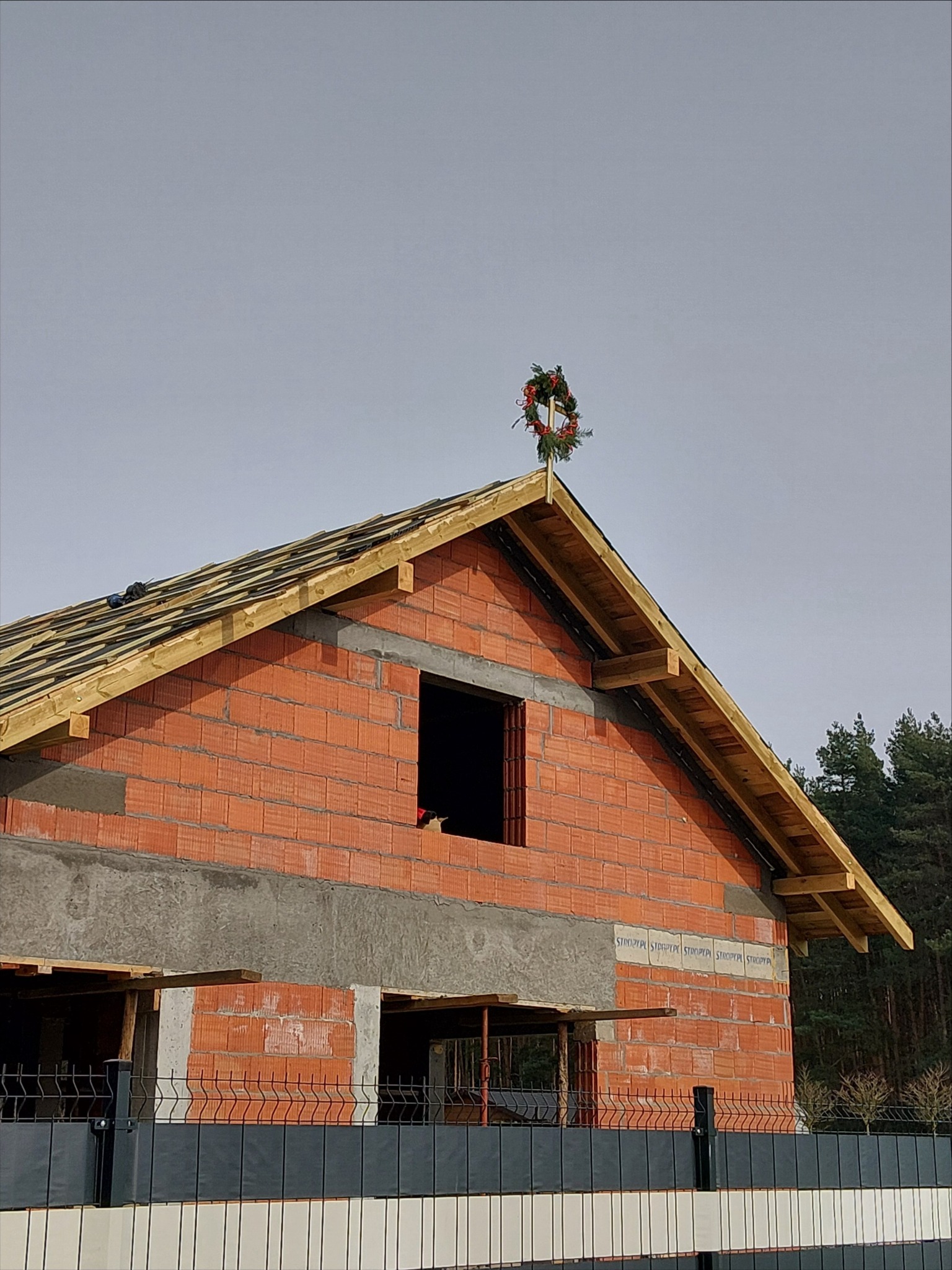 Budowa domu z czerwonej cegły z drewnianą konstrukcją dachu w trakcie realizacji. Na szczycie dachu wieniec świąteczny. Widok zza ogrodzenia.