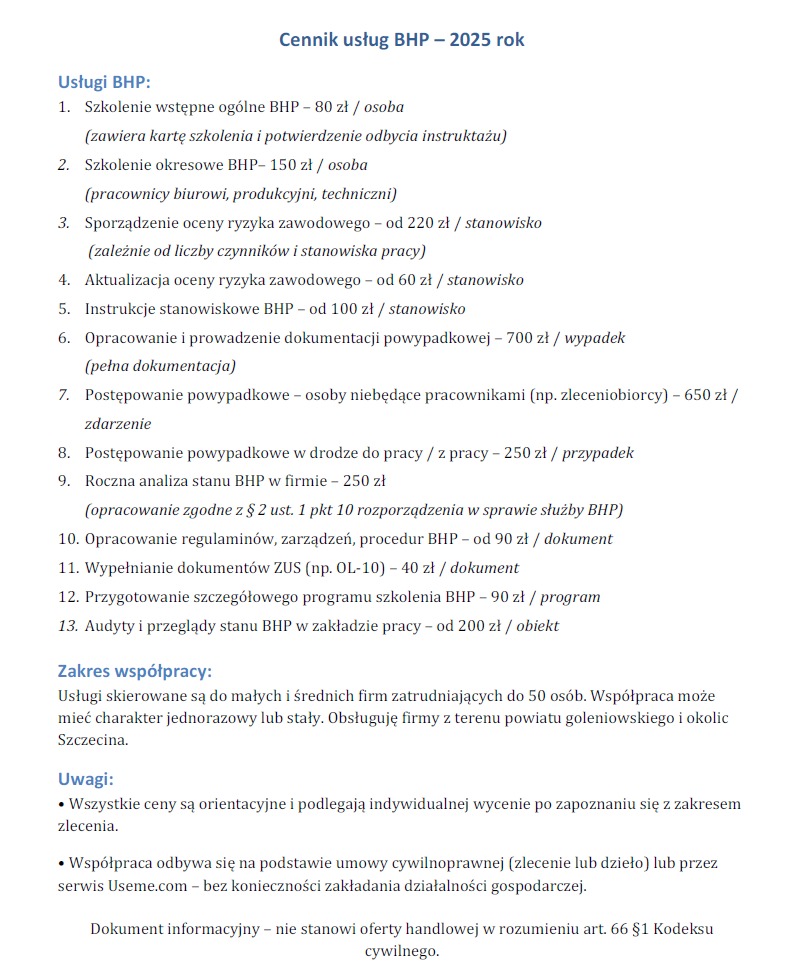 Cennik usług BHP na 2025 rok. Zawiera spis szkoleń wstępnych, okresowych, ocen ryzyka zawodowego, instrukcji stanowiskowych i dokumentacji powypadkowej wraz z cenami.