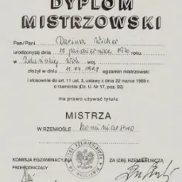 Dyplom mistrzowski kominiarza Dariusza Wicher z Wrocławia, wydany przez Izbę Rzemieślniczą. Dokument z datą egzaminu mistrzowskiego z 11.07.1988.