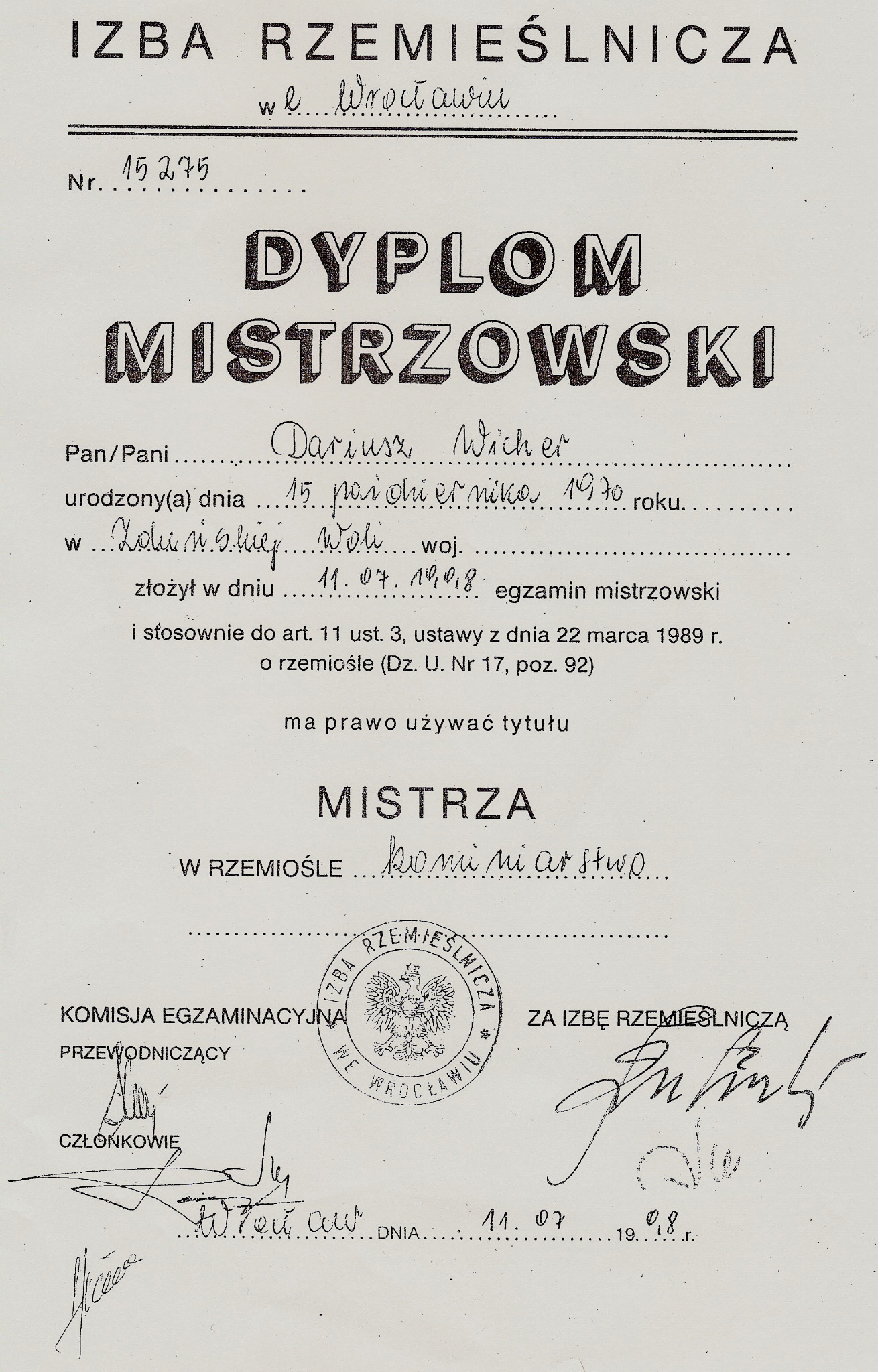 Dyplom mistrzowski kominiarza Dariusza Wicher z Wrocławia, wydany przez Izbę Rzemieślniczą. Dokument z datą egzaminu mistrzowskiego z 11.07.1988.