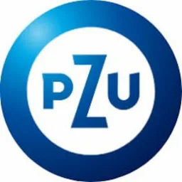 Niebieskie logo PZU na białym tle, okrąg z napisem PZU wewnątrz, charakterystyczny branding firmy ubezpieczeniowej.