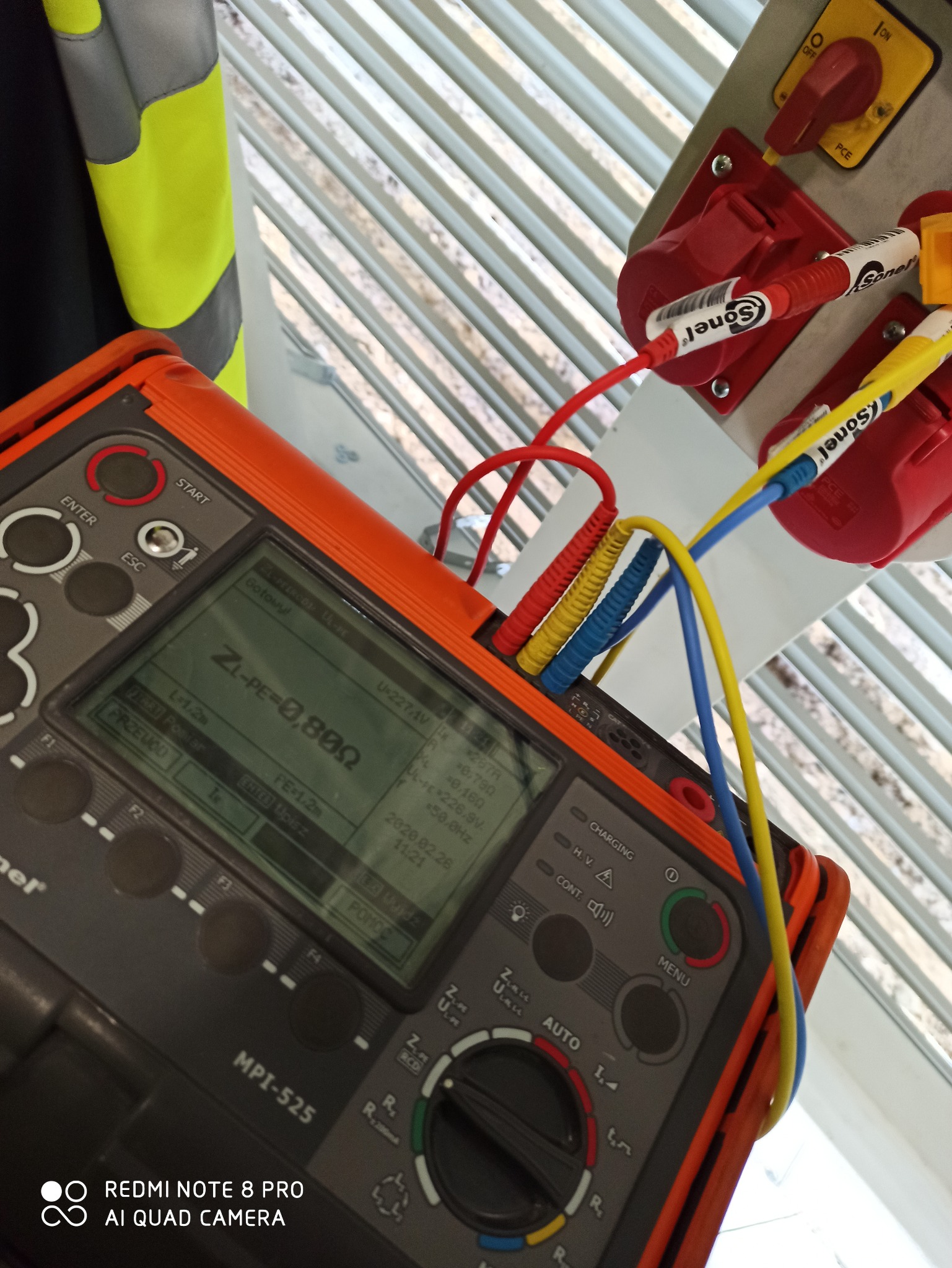 Miernik Sonel MPI-525 podczas pomiarów elektrycznych, z podłączonymi przewodami (czerwony, żółty, niebieski) i widocznym ekranem z wynikami Zl-PE=0,80Ω.