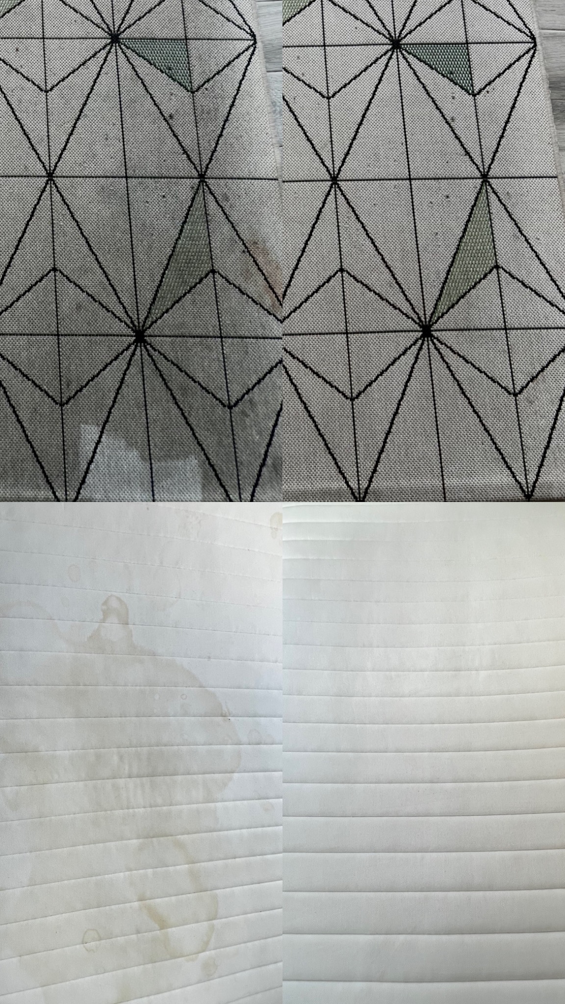 Efekt prania: fragment dywanu w geometryczne wzory i materac z plamami, widoczne różnice przed i po czyszczeniu, ukazujące skuteczność usługi.