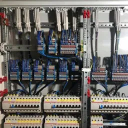 Rozdzielnia elektryczna z precyzyjnie podłączonymi przewodami i zabezpieczeniami, widoczne liczne kable i elementy montażowe na metalowej konstrukcji.