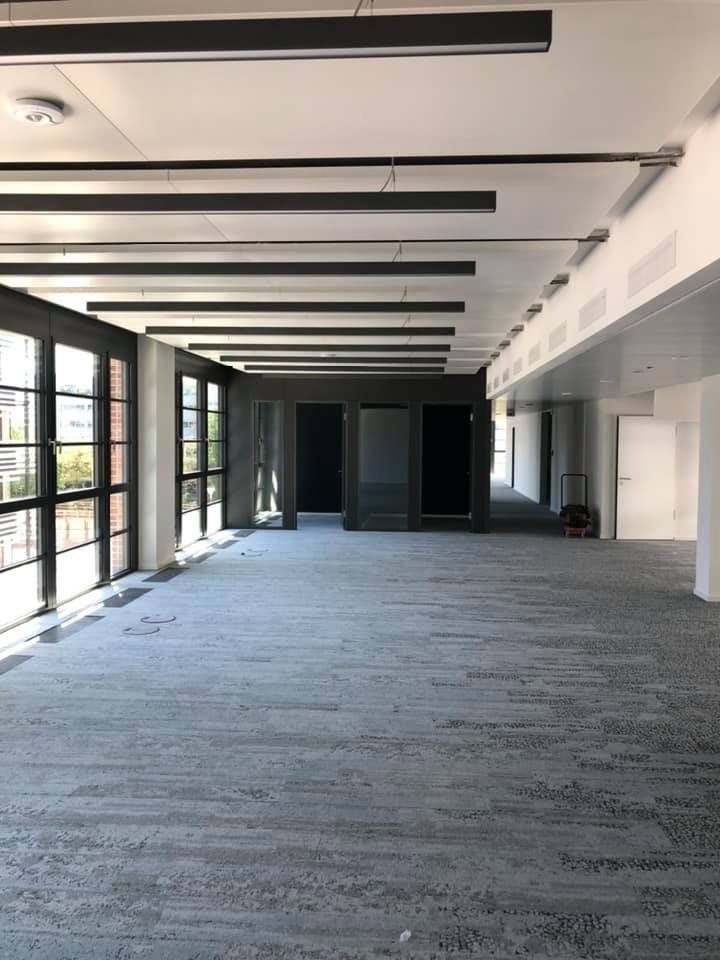 Przestronne wnętrze biurowe z zamontowanym oświetleniem liniowym. Widoczne okna, szara wykładzina i czarne, otwarte drzwi. Nowoczesny design z równomiernym rozmieszczeniem lamp.