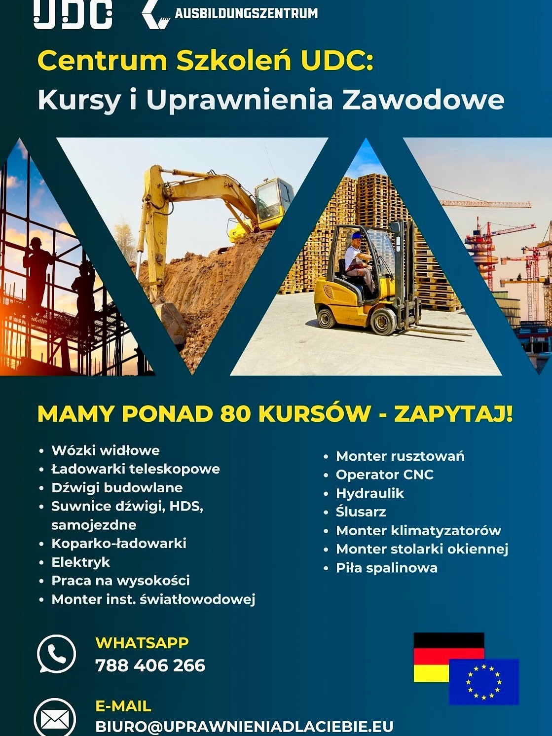 Plakat Centrum Szkoleń UDC: Kursy i Uprawnienia Zawodowe. Grafika z wózkiem widłowym, koparką i budową w tle. Oferta ponad 80 kursów zawodowych.