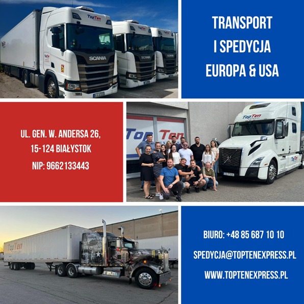 Kompozycja zdjęć: flota ciężarówek TopTen Express, zespół pracowników, adres biura w Białymstoku, kontakt. Transport i spedycja Europa & USA.