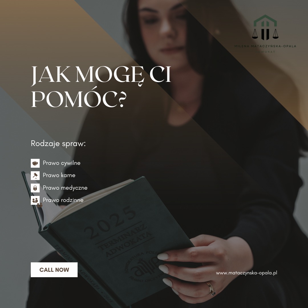 Kobieta przegląda terminarz adwokata 2025, z listą spraw: prawo cywilne, karne, medyczne i rodzinne. Napis: Jak mogę Ci pomóc? Logo kancelarii w rogu.