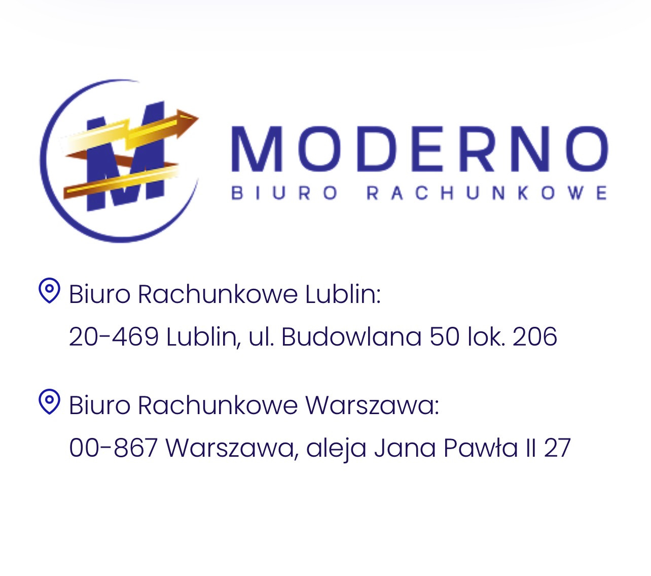 Logo biura rachunkowego MODERNO z adresem oddziałów w Lublinie i Warszawie. Niebiesko-złota kolorystyka, nowoczesny design.