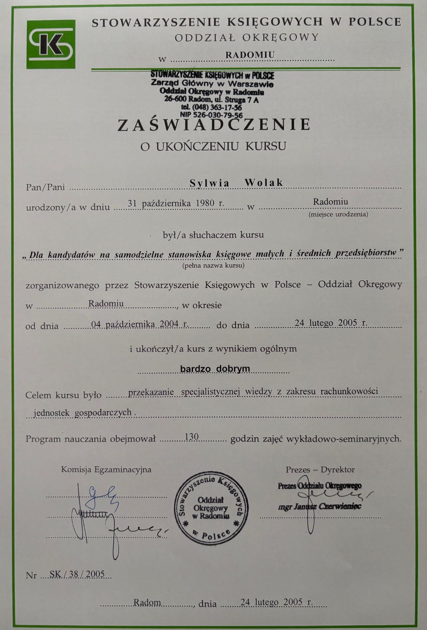 Certyfikat ukończenia kursu księgowego w Dąbrowie Jastrzębskiej. Zaświadczenie o zdobytej wiedzy z zakresu rachunkowości dla jednostek gospodarczych.