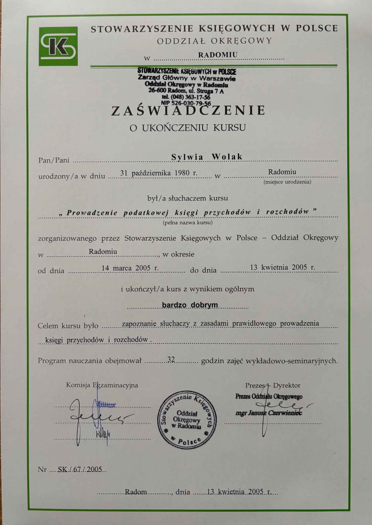 Skan zaświadczenia o ukończeniu kursu 'Prowadzenie podatkowej księgi przychodów i rozchodów' przez Sylwię Wolak, wydane przez Stowarzyszenie Księgowych w Polsce.