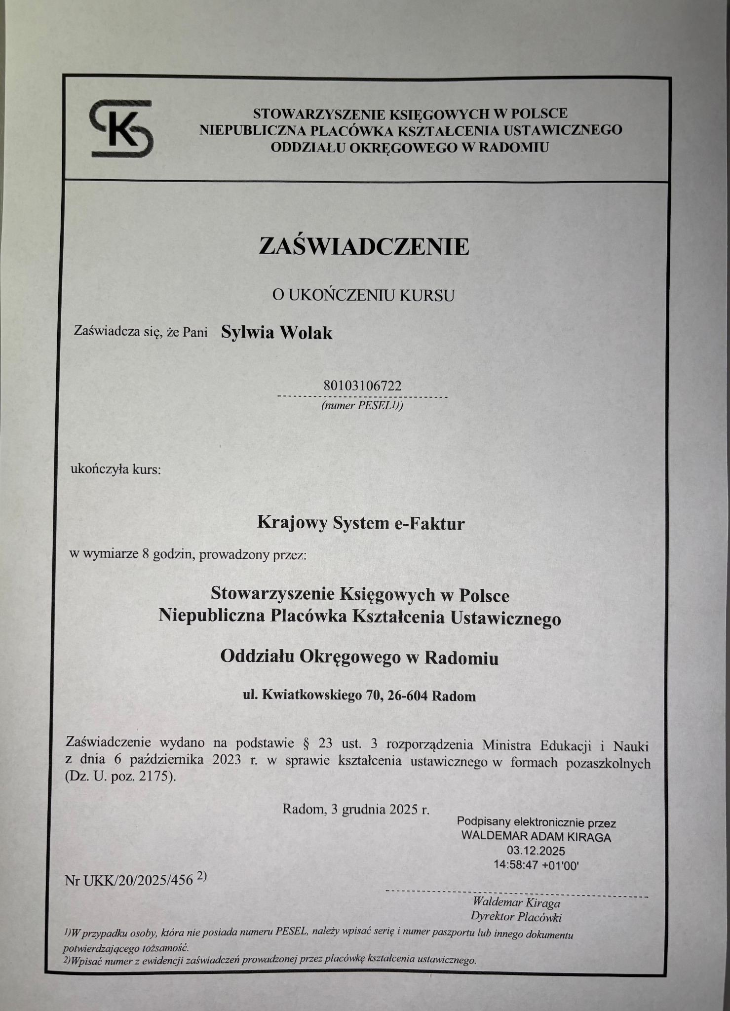 Zaświadczenie o ukończeniu kursu Krajowy System e-Faktur, wydane przez Stowarzyszenie Księgowych w Polsce dla Sylwii Wolak, Radom, 3 grudnia 2025.