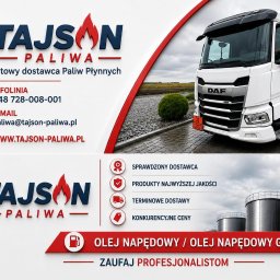 TAJSON - PALIWA - Baner reklamowy firmy Tajson Paliwa: biała cysterna DAF z logo, zbiorniki magazynowe, dane kontaktowe i hasło 'Zaufaj profesjonalistom'.