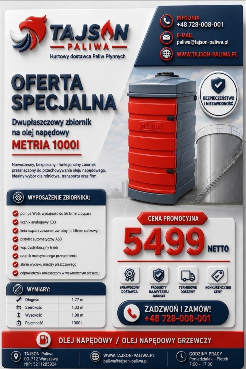 Dwupłaszczowy zbiornik Metria 1000l na olej napędowy w ofercie specjalnej. Bezpieczny i funkcjonalny, idealny dla rolnictwa, transportu i firm. Cena promocyjna.