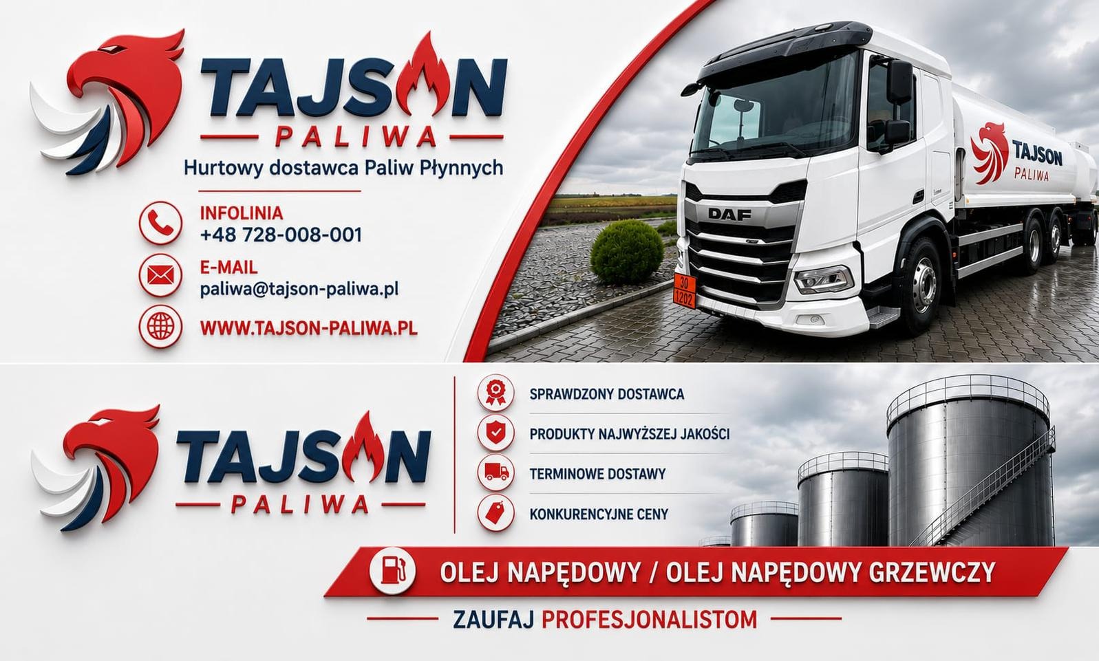 Baner reklamowy firmy Tajson Paliwa: biała cysterna DAF z logo, zbiorniki magazynowe, dane kontaktowe i hasło 'Zaufaj profesjonalistom'.