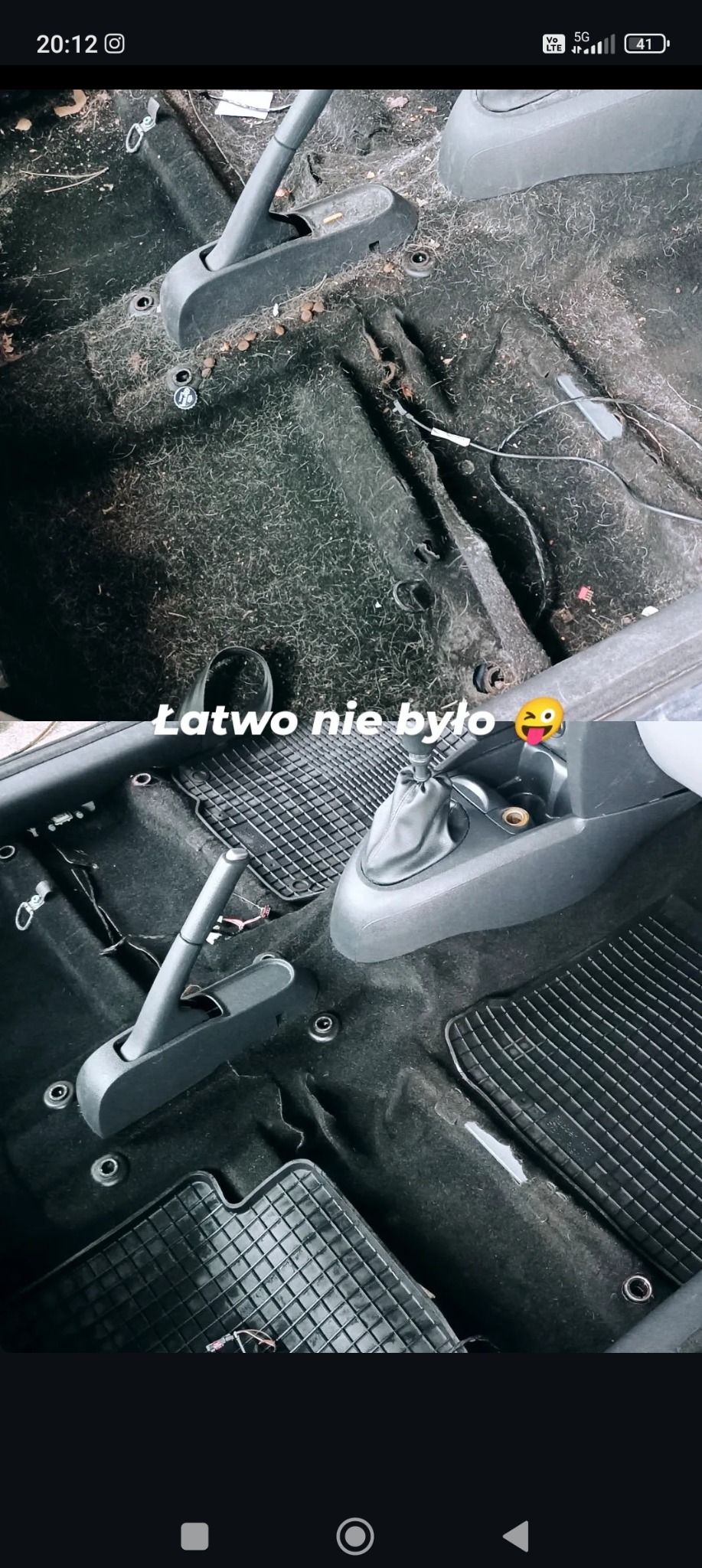 Zdjęcie 'przed i po' prania tapicerki samochodowej. Górna część kadru pokazuje bardzo zabrudzoną podłogę auta, dolna - podłogę po czyszczeniu z nowymi dywanikami.