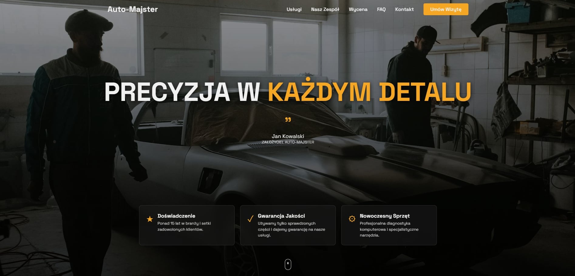 Strona internetowa warsztatu samochodowego Auto-Majster z hasłem 'Precyzja w każdym detalu' i zdjęciem klasycznego auta w tle. Nowoczesny design, ciemna kolorystyka.