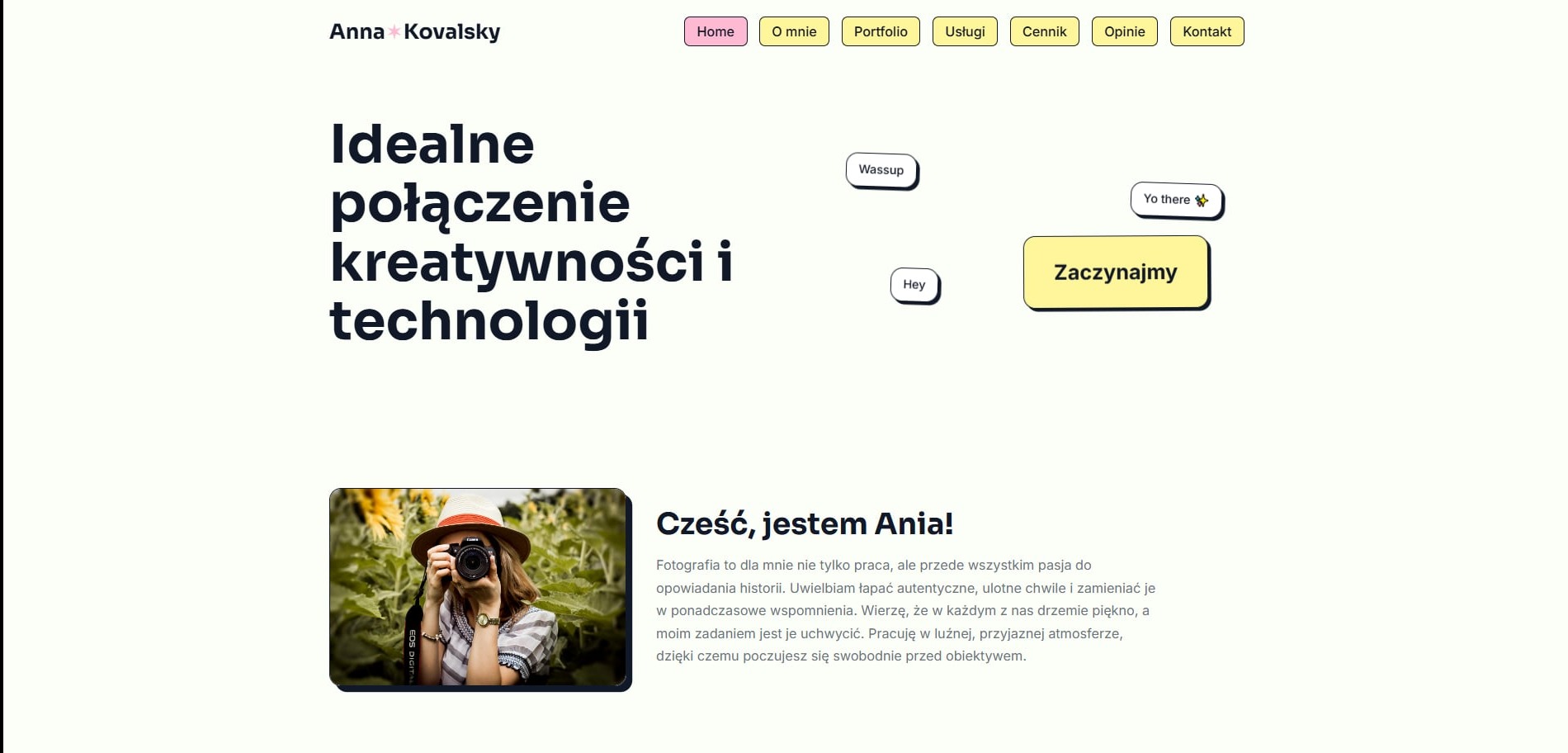 Strona internetowa fotografa z hasłem „Idealne połączenie kreatywności i technologii”, zdjęciem portretowym fotografa z aparatem i przyciskiem „Zaczynajmy”.