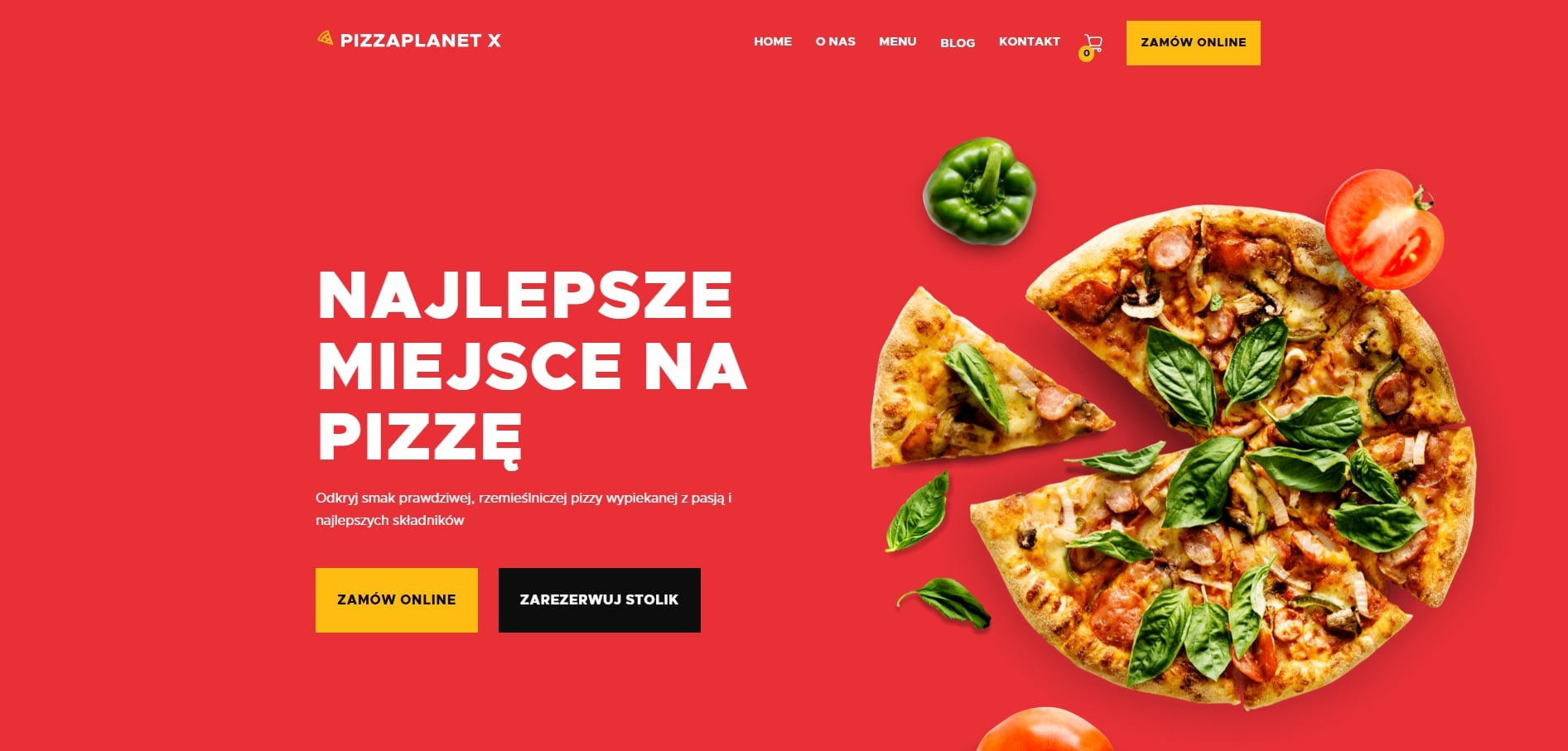 Strona internetowa pizzerii PizzaPlanet X: czerwone tło, pizza z bazylią, papryką i pieczarkami, menu, przyciski 'Zamów online' i 'Zarezerwuj stolik'.