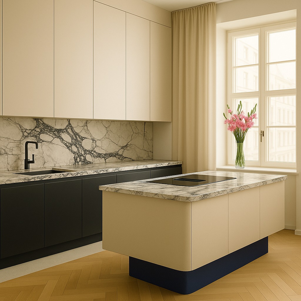 Elegancka kuchnia z wyspą i marmurowym blatem, czarne szafki dolne, beżowe górne, kwiaty w wazonie przy oknie. Nowoczesny design z dbałością o detale.