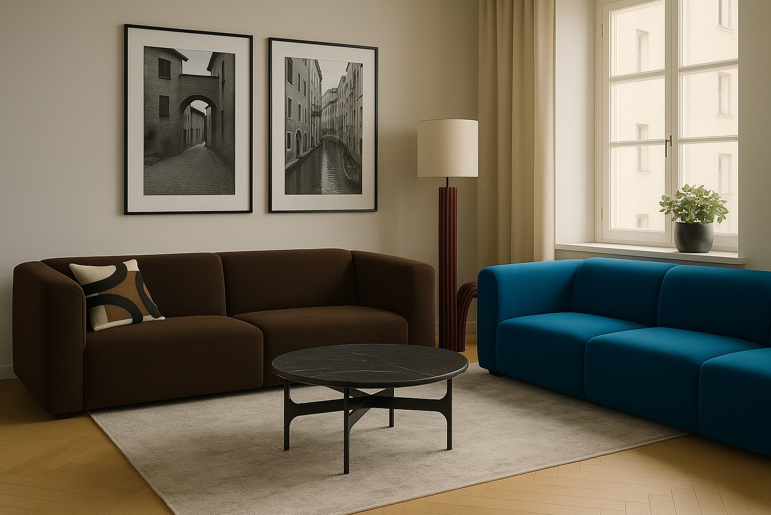 Nowoczesny salon z brązową i niebieską sofą, okrągłym stolikiem kawowym i czarno-białymi obrazami na ścianie. Minimalistyczny design, jasne wnętrze z parkietem.